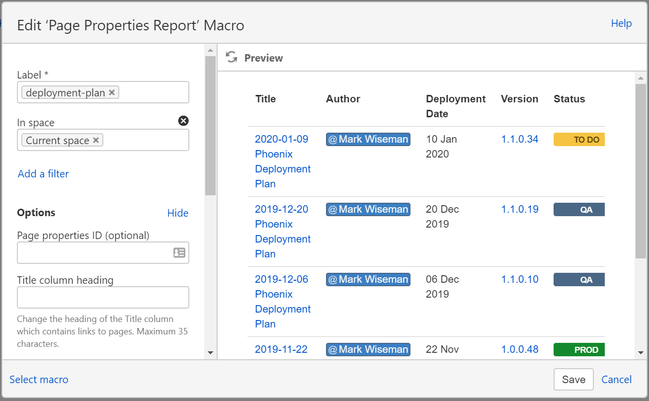 Confluence Deployment Plan Page Properties Report