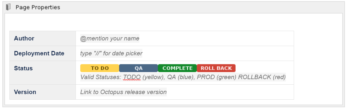 Confluence Deployment Plan Page Properties